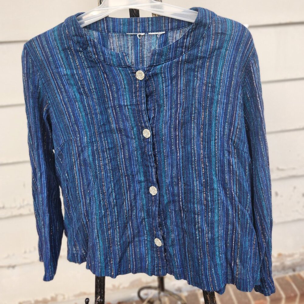 A11  stretcy loose hem fit shiny gold-thread b'ful Blue blouse - no tags - L?
